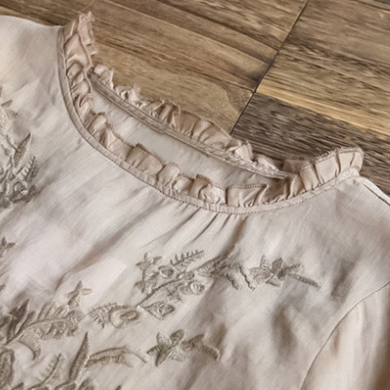 Camiseta informal de algodón y lino con cuello redondo, mangas abullonadas y volantes con bordado de piedras de Buddha Stones para mujer - image 9