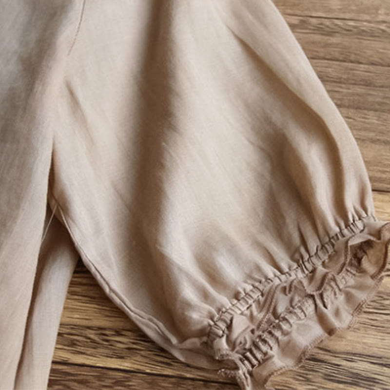 Camiseta informal de algodón y lino con cuello redondo, mangas abullonadas y volantes con bordado de piedras de Buddha Stones para mujer - image 10