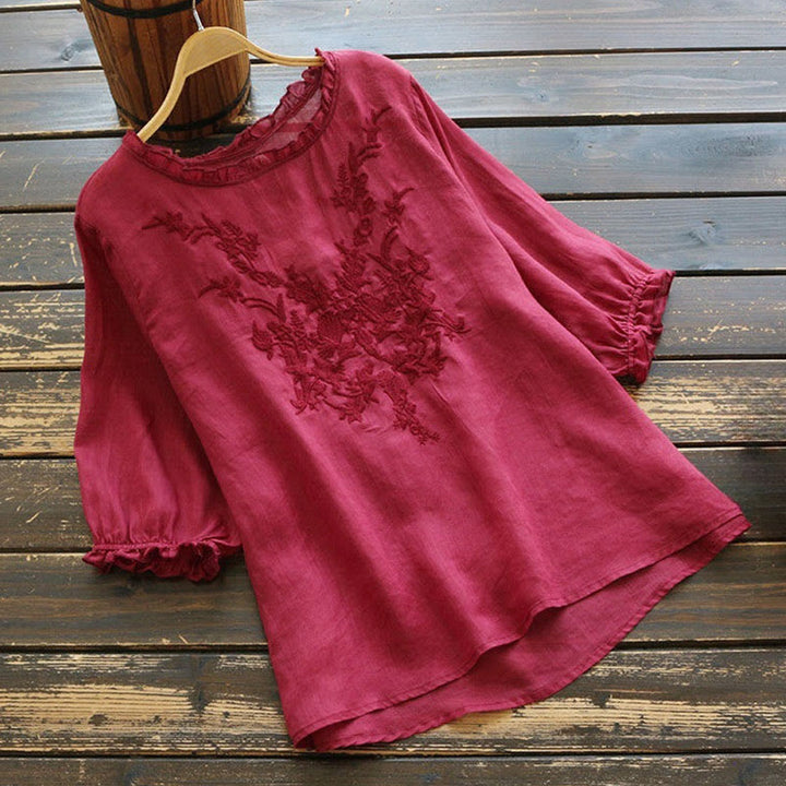Camiseta informal de algodón y lino con cuello redondo, mangas abullonadas y volantes con bordado de piedras de Buddha Stones para mujer - Rojo violeta medio - US14, UK/AU18, EU46 (4XL) - image 4