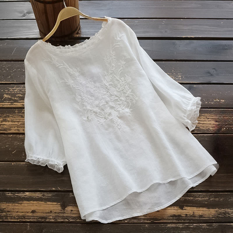 Camiseta informal de algodón y lino con cuello redondo, mangas abullonadas y volantes con bordado de piedras de Buddha Stones para mujer - Nieve - US14, UK/AU18, EU46 (4XL) - image 1