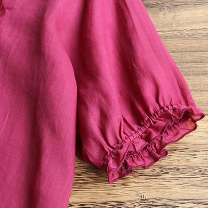 Camiseta informal de algodón y lino con cuello redondo, mangas abullonadas y volantes con bordado de piedras de Buddha Stones para mujer - image 7