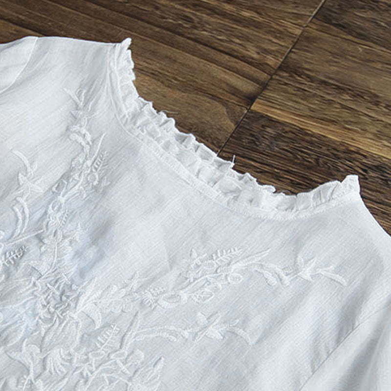 Camiseta informal de algodón y lino con cuello redondo, mangas abullonadas y volantes con bordado de piedras de Buddha Stones para mujer - image 2