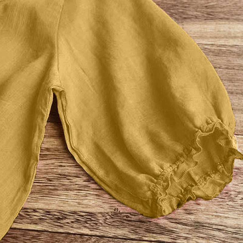 Camiseta informal de algodón y lino con cuello redondo, mangas abullonadas y volantes con bordado de piedras de Buddha Stones para mujer - image 14