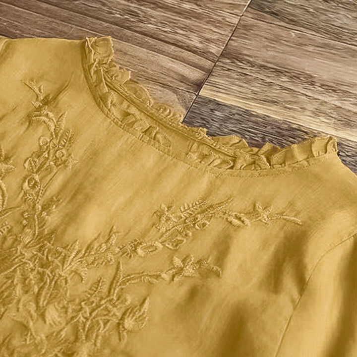 Camiseta informal de algodón y lino con cuello redondo, mangas abullonadas y volantes con bordado de piedras de Buddha Stones para mujer - image 13