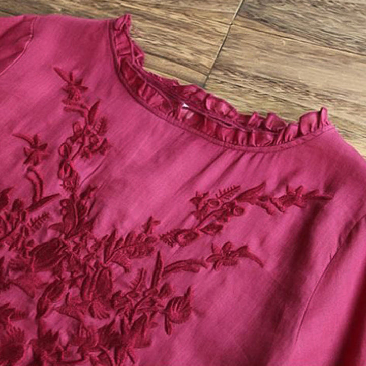 Camiseta informal de algodón y lino con cuello redondo, mangas abullonadas y volantes con bordado de piedras de Buddha Stones para mujer - image 5