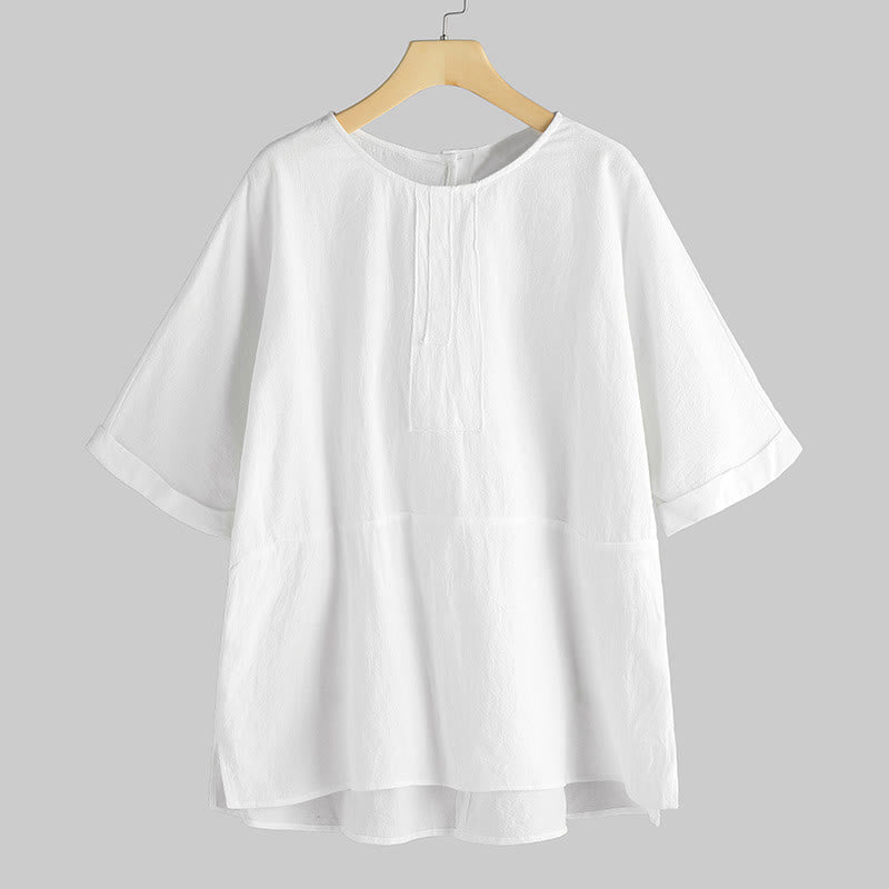 Buddha Stones y media manga, cuello redondo y abertura lateral para mujer - Blanco floral - US20，UK/AU24，EU52 (5XL) - image 0