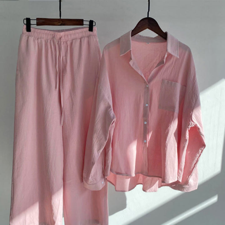 Conjunto de 2 piezas de camisa de manga larga con bolsillos y pantalones con cordón para meditación, de algodón y lino, con Buddha Stones , para mujer - rosa claro - US20，UK/AU24，EU52 (5XL) - image 6