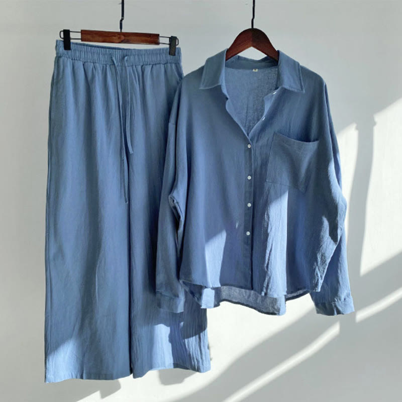Conjunto de 2 piezas de camisa de manga larga con bolsillos y pantalones con cordón para meditación, de algodón y lino, con Buddha Stones , para mujer - Azul real - US18, UK/AU22, EU50 (5XL) - image 18