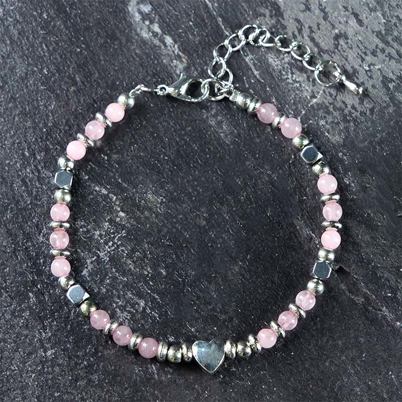 Pulsera de equilibrio positivo con forma de corazón de piedra natural de Buddha Stones, amazonita, amatista, lazurita y cuarzo rosa.