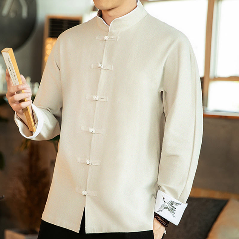 Camisa de algodón de manga larga para hombre con bordado de grulla y botones de rana y Buddha Stones - image 12