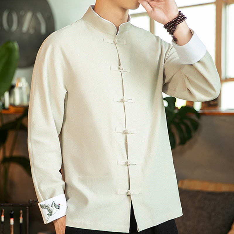 Camisa de algodón de manga larga para hombre con bordado de grulla y botones de rana y Buddha Stones - image 11