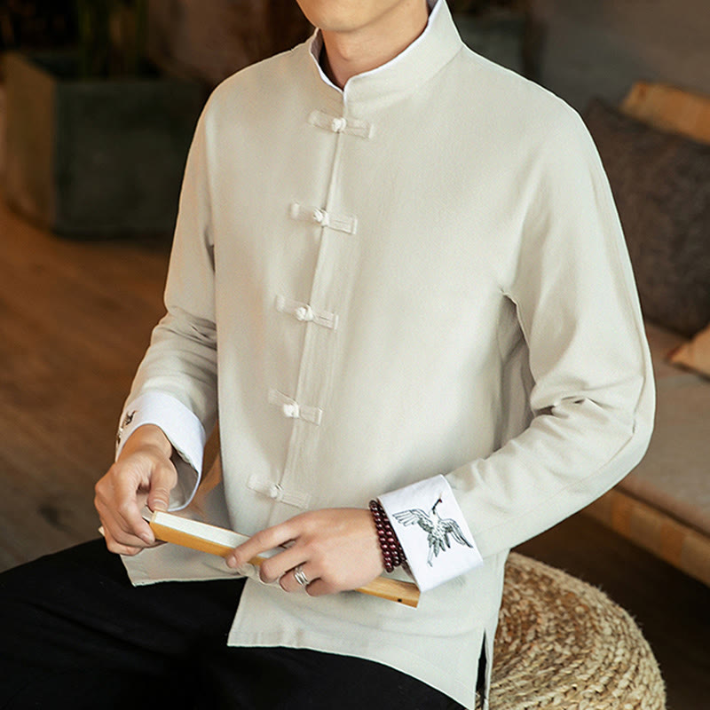 Camisa de algodón de manga larga para hombre con bordado de grulla y botones de rana y Buddha Stones - image 13