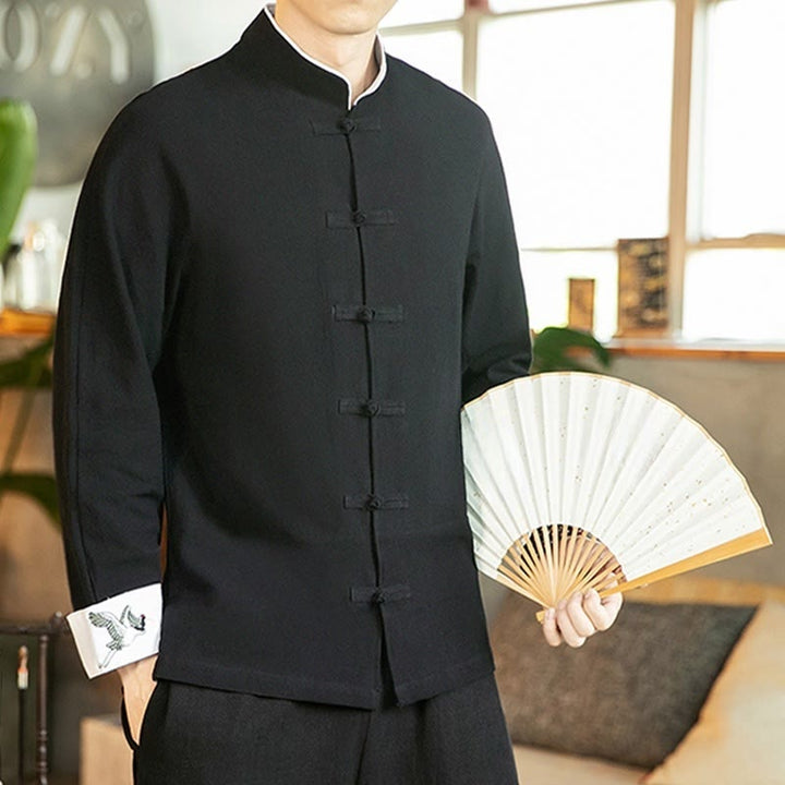 Camisa de algodón de manga larga para hombre con bordado de grulla y botones de rana y Buddha Stones - image 20