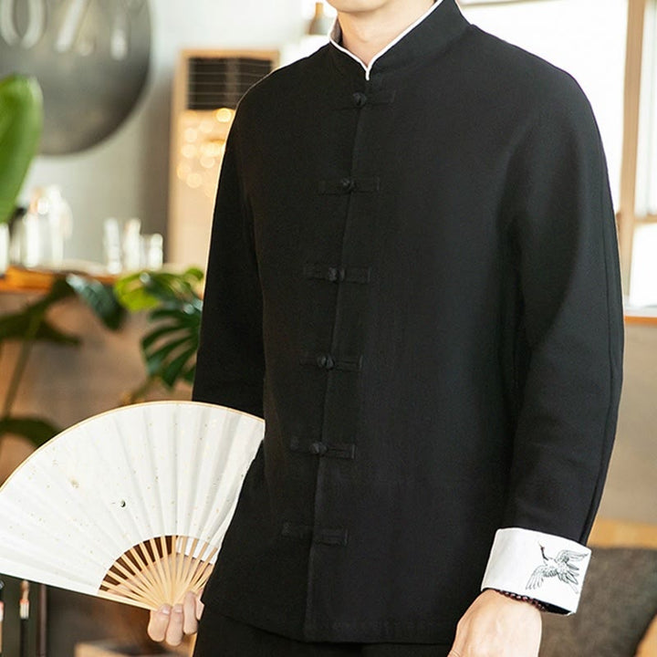 Camisa de algodón de manga larga para hombre con bordado de grulla y botones de rana y Buddha Stones - image 22