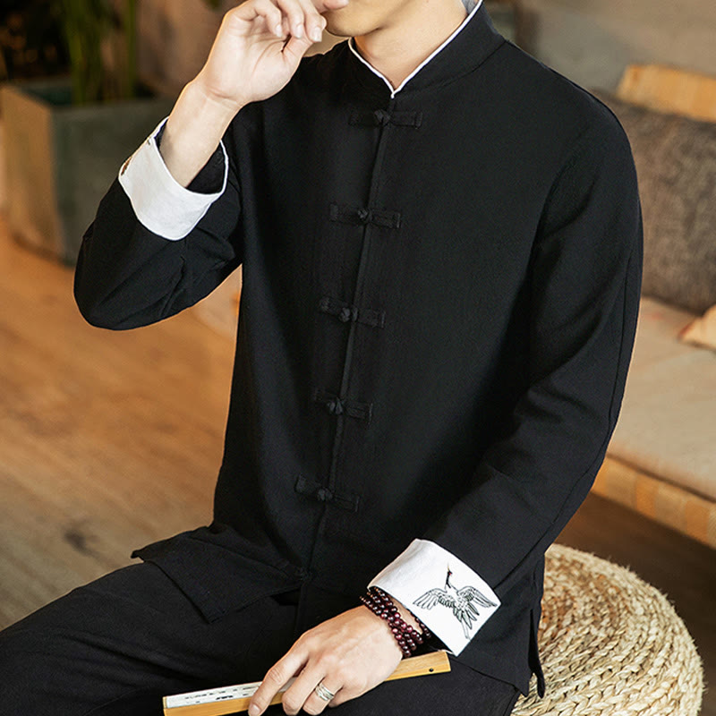 Camisa de algodón de manga larga para hombre con bordado de grulla y botones de rana y Buddha Stones - image 23