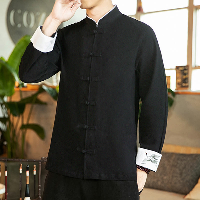 Camisa de algodón de manga larga para hombre con bordado de grulla y botones de rana y Buddha Stones - image 17