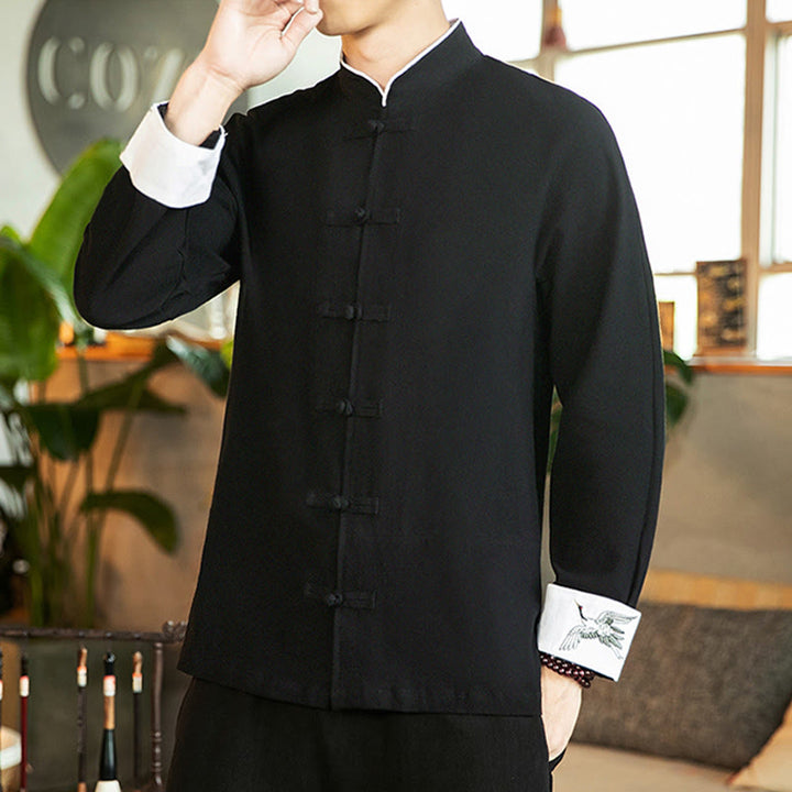 Camisa de algodón de manga larga para hombre con bordado de grulla y botones de rana y Buddha Stones - image 17