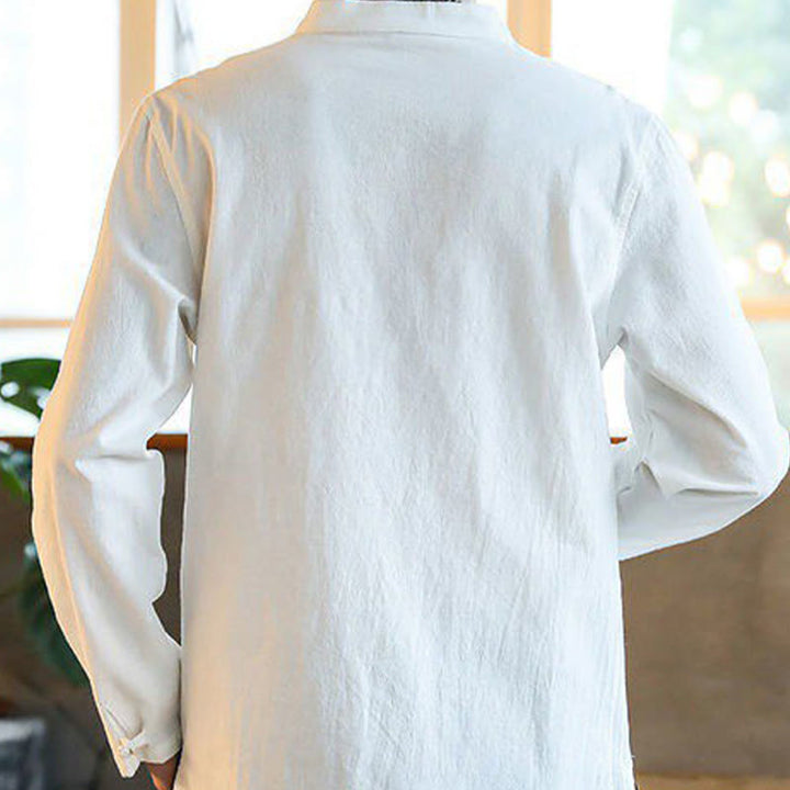 Camisa de lino para hombre, estilo casual, con cuello alto, botones de rana y manga larga, con estampado de Buddha Stones - image 1