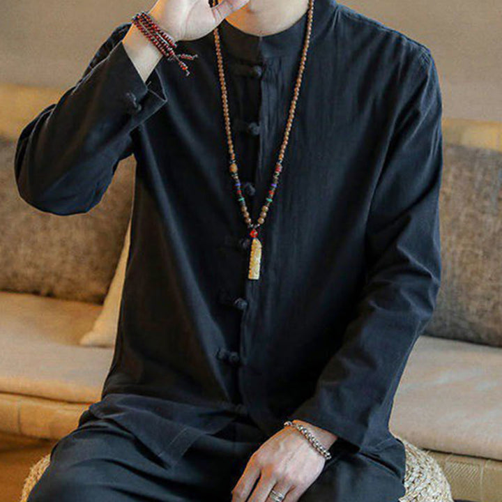 Camisa de lino para hombre, estilo casual, con cuello alto, botones de rana y manga larga, con estampado de Buddha Stones - image 9