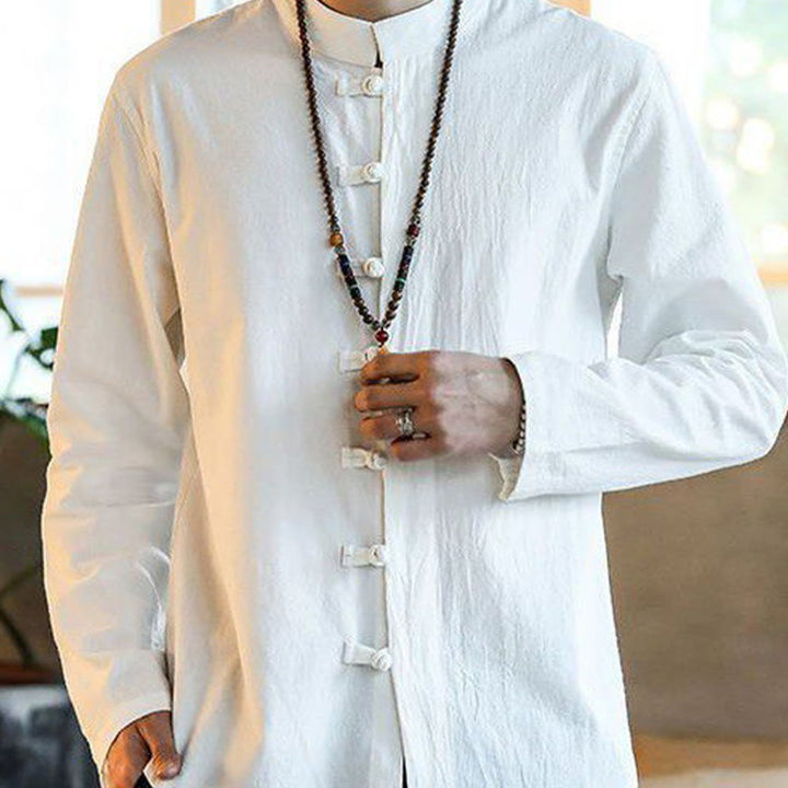 Camisa de lino para hombre, estilo casual, con cuello alto, botones de rana y manga larga, con estampado de Buddha Stones - image 2