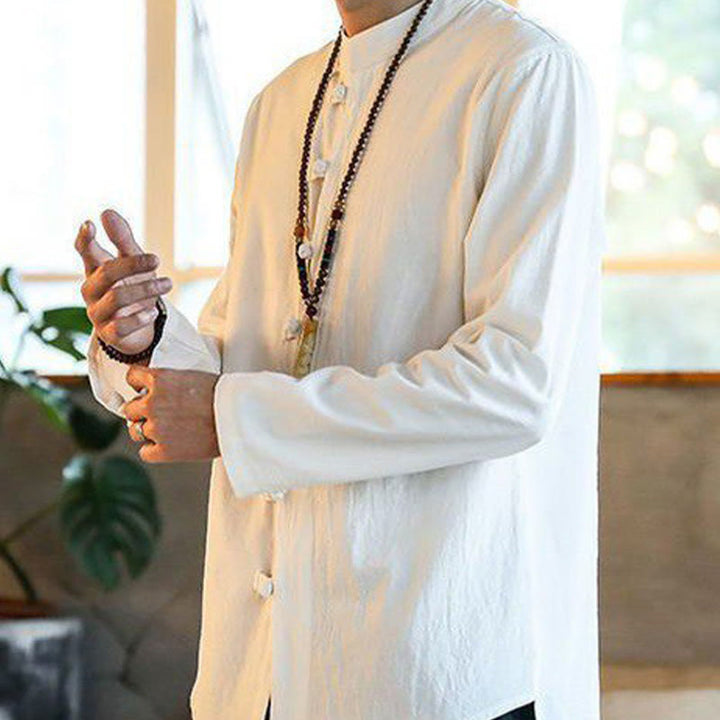 Camisa de lino para hombre, estilo casual, con cuello alto, botones de rana y manga larga, con estampado de Buddha Stones - image 3