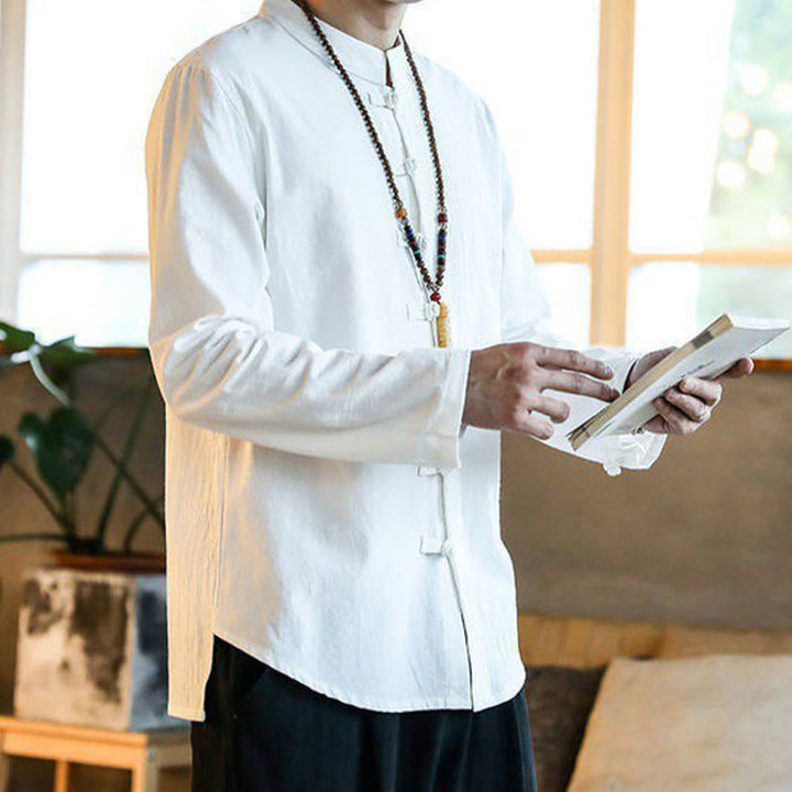 Camisa de lino para hombre, estilo casual, con cuello alto, botones de rana y manga larga, con estampado de Buddha Stones - image 5