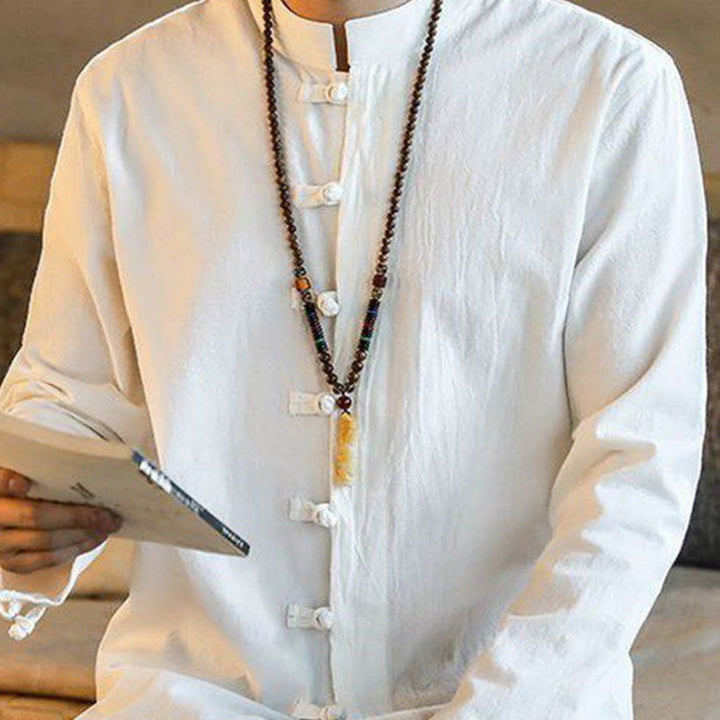 Camisa de manga larga estilo Tang Suit para hombre, con cuello alto y botones de rana, estilo casual, con estampado de Buddha Stones. - image 4