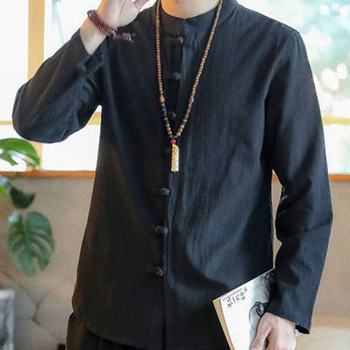 Camisa de lino para hombre, estilo casual, con cuello alto, botones de rana y manga larga, con estampado de Buddha Stones - image 8
