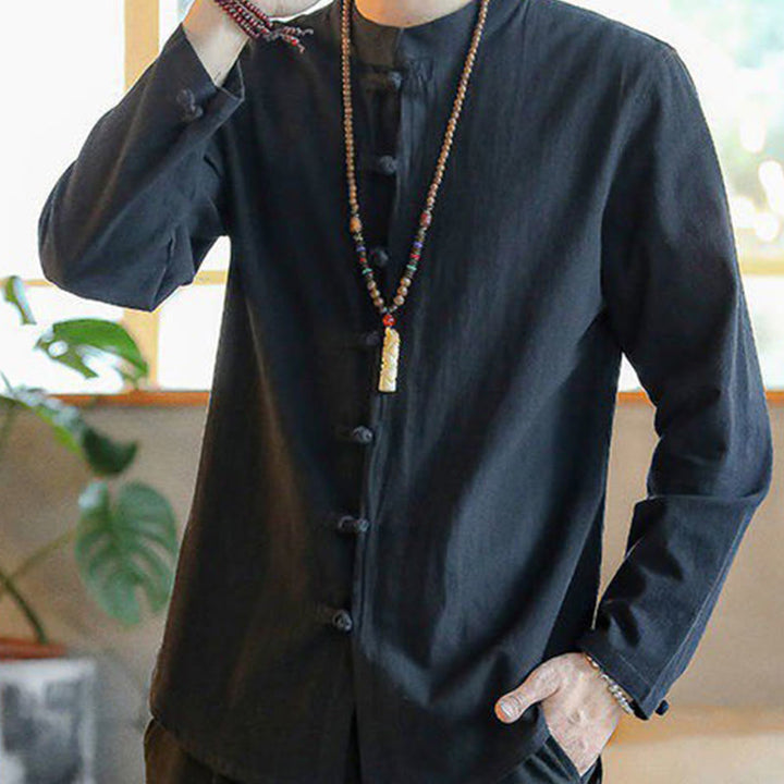 Camisa de lino para hombre, estilo casual, con cuello alto, botones de rana y manga larga, con estampado de Buddha Stones - image 7
