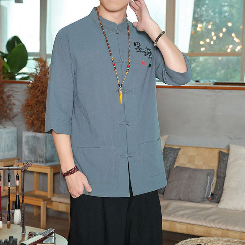 Camisa de lino y algodón para hombre con manga tres cuartos y botones de rana con Buddha Stones - image 2