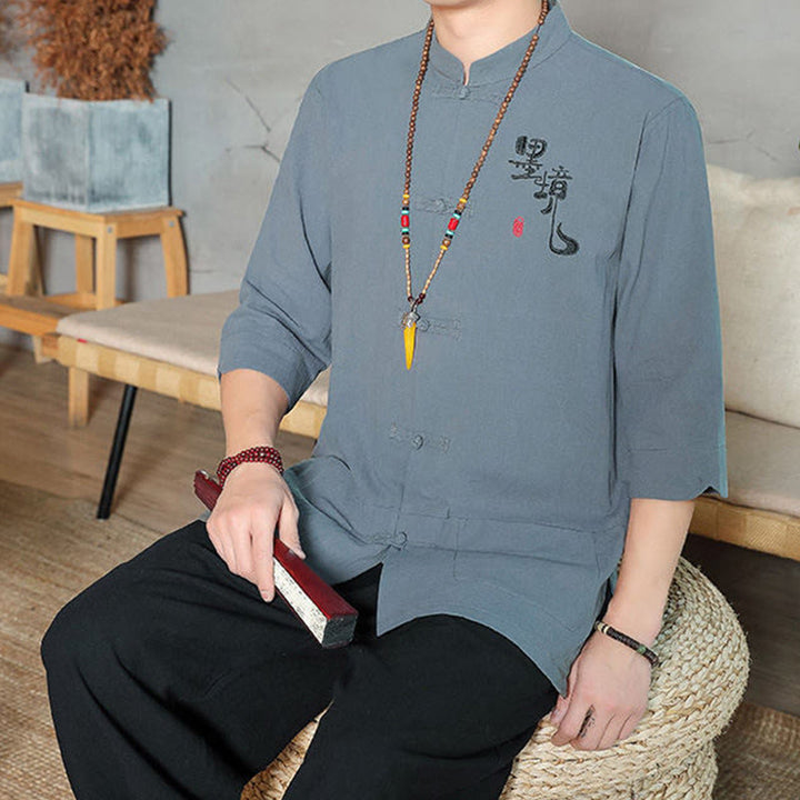 Camisa de lino y algodón para hombre con manga tres cuartos y botones de rana con Buddha Stones - image 4