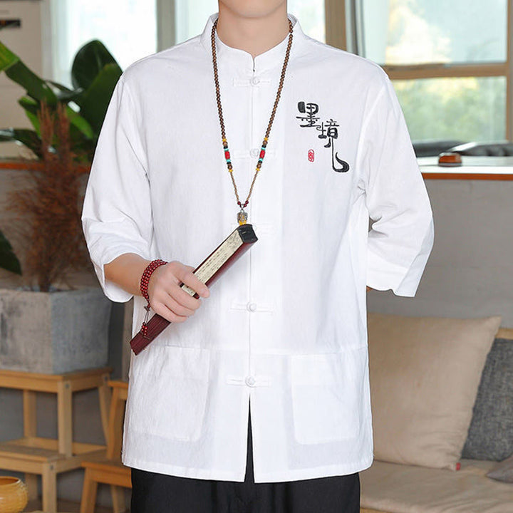 Camisa de lino y algodón para hombre con manga tres cuartos y botones de rana con Buddha Stones - image 6