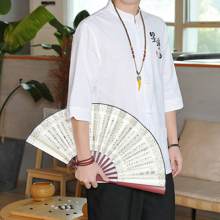 Camisa de lino y algodón para hombre con manga tres cuartos y botones de rana con Buddha Stones - image 8