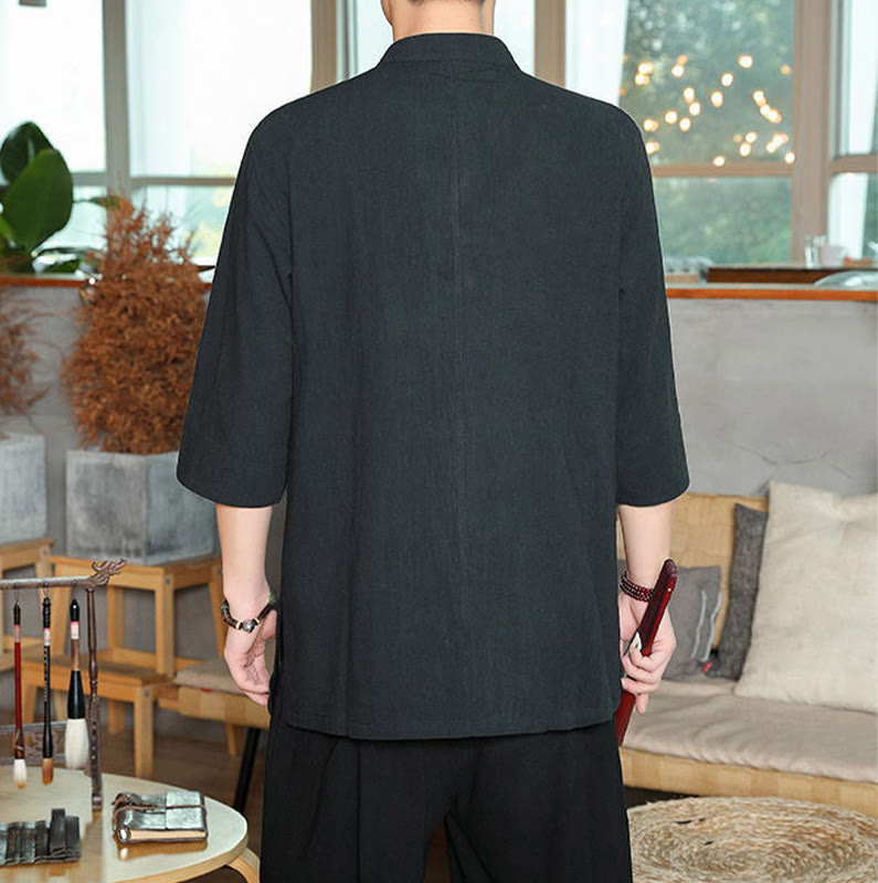 Camisa de lino y algodón para hombre con manga tres cuartos y botones de rana con Buddha Stones - image 12