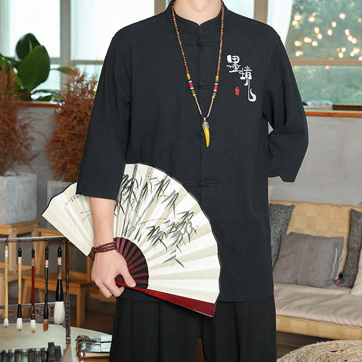 Camisa de lino y algodón para hombre con manga tres cuartos y botones de rana con Buddha Stones - image 13