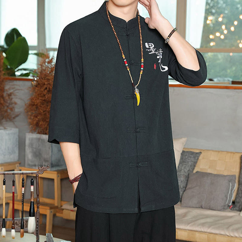 Camisa de lino y algodón para hombre con manga tres cuartos y botones de rana con Buddha Stones - image 14