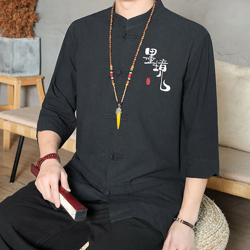 Camisa de lino y algodón para hombre con manga tres cuartos y botones de rana con Buddha Stones - image 15