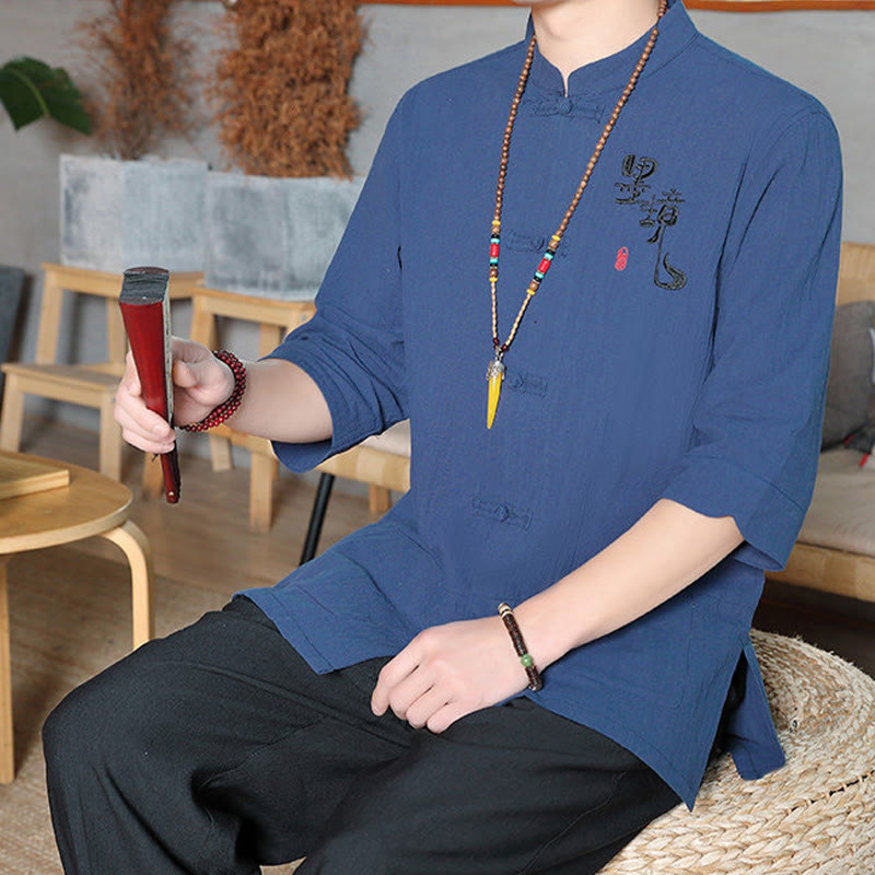 Camisa de lino y algodón para hombre con manga tres cuartos y botones de rana con Buddha Stones - image 26