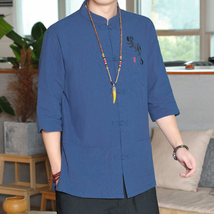 Camisa de lino y algodón para hombre con manga tres cuartos y botones de rana con Buddha Stones - image 24