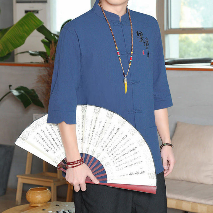 Camisa de lino y algodón para hombre con manga tres cuartos y botones de rana con Buddha Stones - image 23