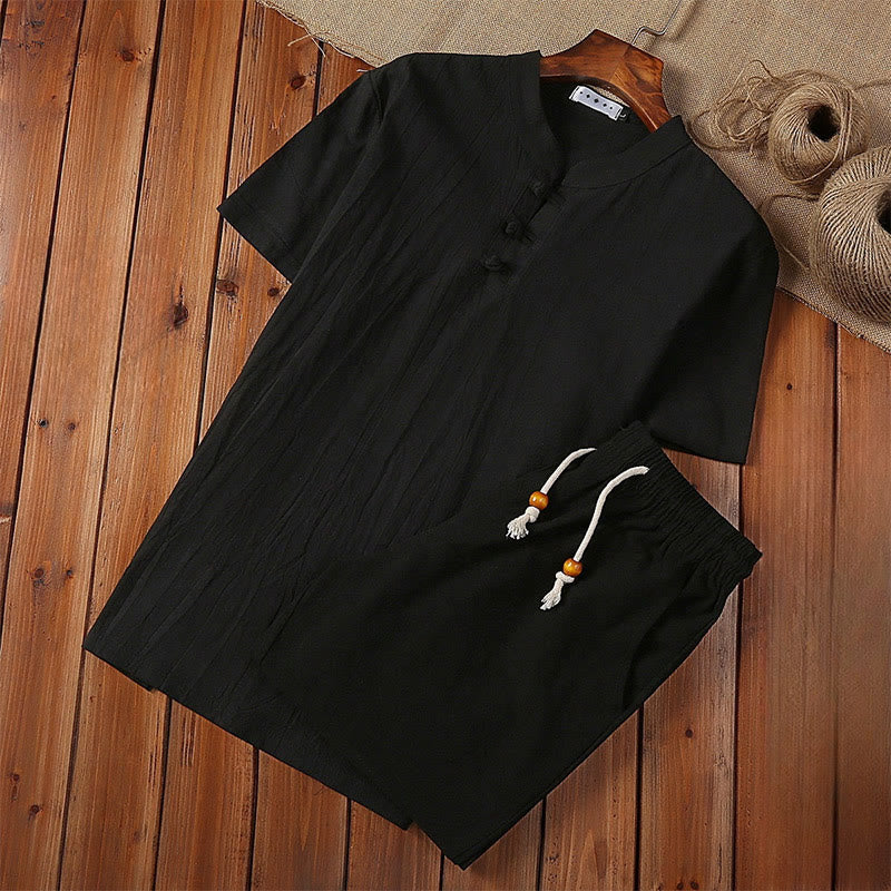 Conjunto de 2 piezas de traje Tang de algodón y lino con botones de rana de color liso con Buddha Stones , pantalones de manga corta para hombre - Negro - US/UK/AU46, EU56 (5XL) - image 1