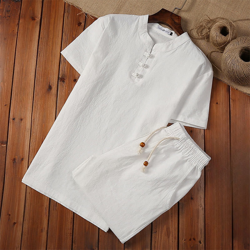 Conjunto de 2 piezas de traje Tang de algodón y lino con botones de rana de color liso con Buddha Stones , pantalones de manga corta para hombre - Blanco - US/UK/AU46, EU56 (5XL) - image 0