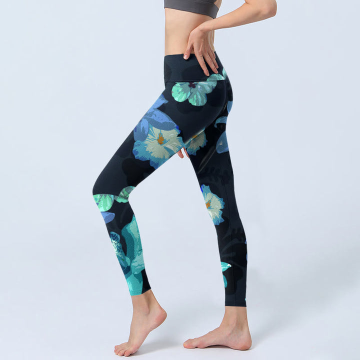 Leggings de yoga para mujer con estampado floral verde y azul de Buddha Stones - image 2