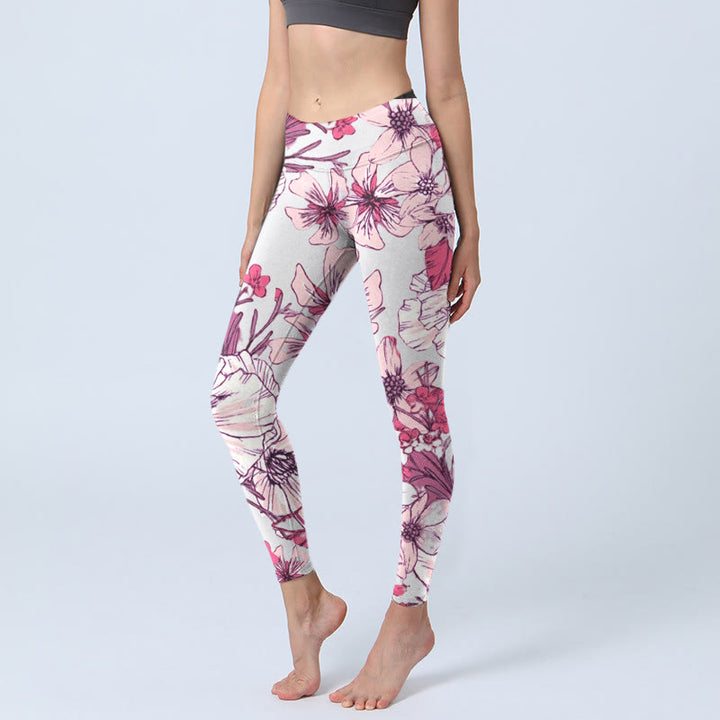 Leggings de yoga para mujer con estampado de flores rosas y rojas y Buddha Stones - Beige - US18，UK/AU22，EU50 (4XL) - image 0