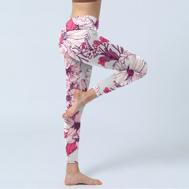 Leggings de yoga para mujer con estampado de flores rosas y rojas y Buddha Stones - image 3
