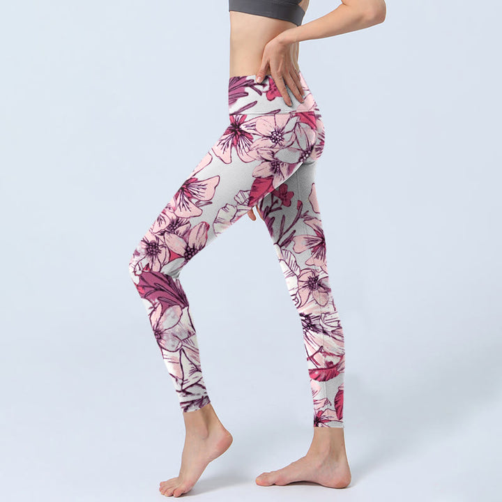 Leggings de yoga para mujer con estampado de flores rosas y rojas y Buddha Stones - image 3