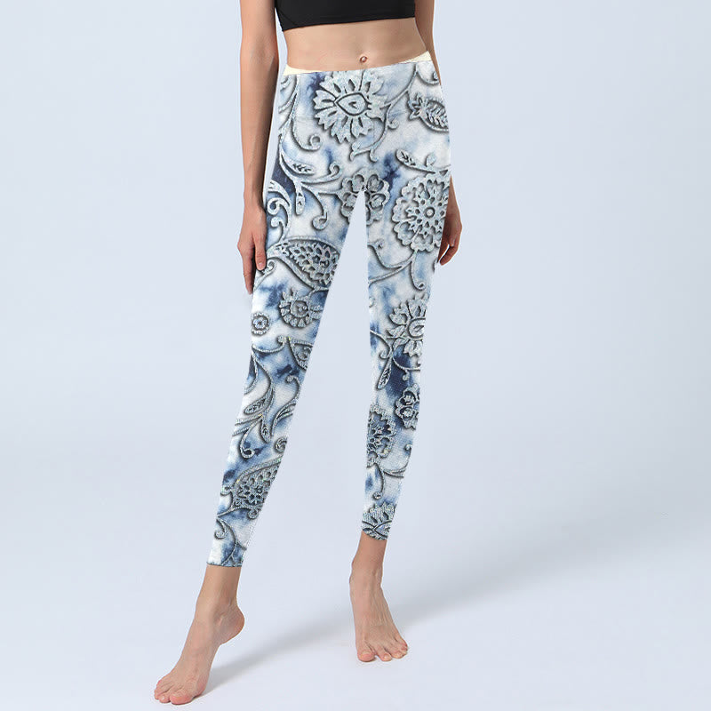 Leggings de yoga para mujer con estampado de flores redondas blancas y Buddha Stones - image 5