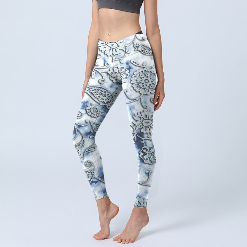 Leggings de yoga para mujer con estampado de flores redondas blancas y Buddha Stones - Nieve - US18，UK/AU22，EU50 (4XL) - image 0