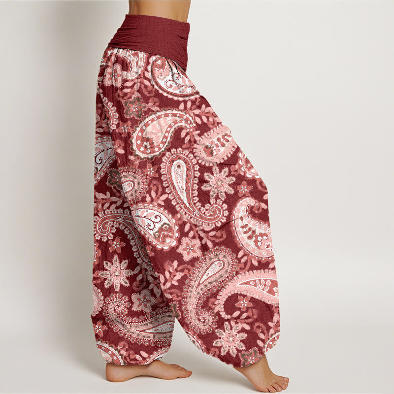 Pantalones bombachos de mujer con cintura elástica, estampado paisley informal de algodón con Buddha Stones - image 1