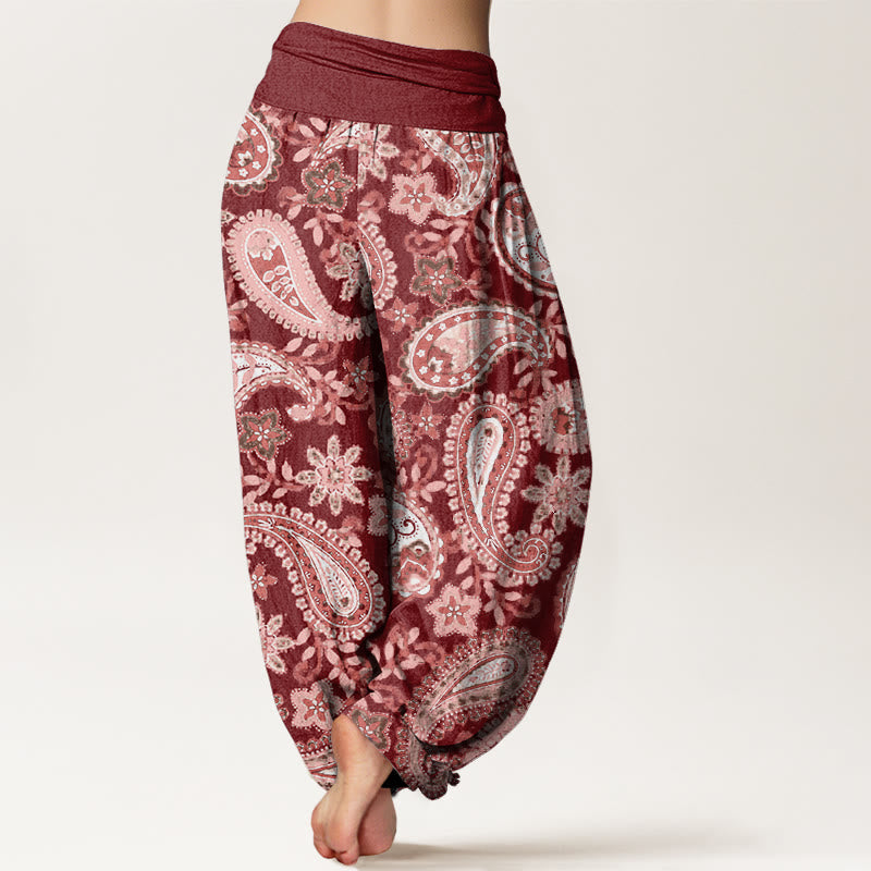 Pantalones bombachos de mujer con cintura elástica, estampado paisley informal de algodón con Buddha Stones - image 2